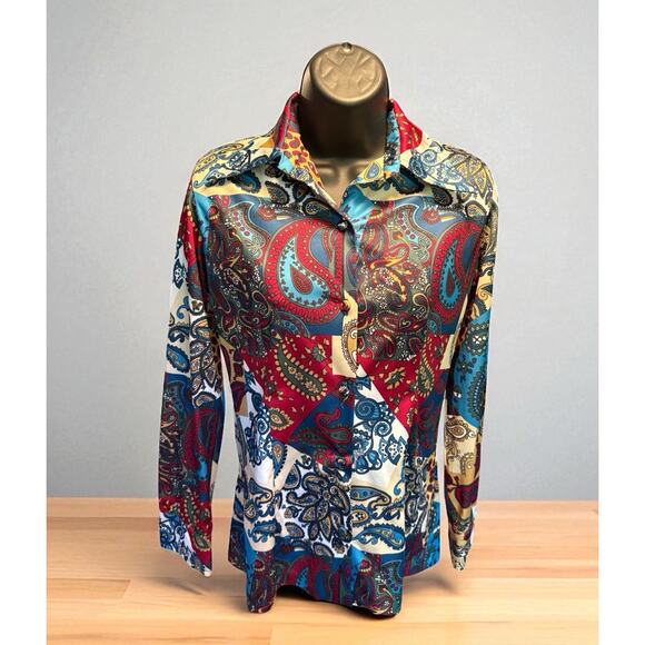 Vintage Women’s Jackfin Sz 8 Big Collar Paisley Disco Button Down Shirt - Picture 1 of 7